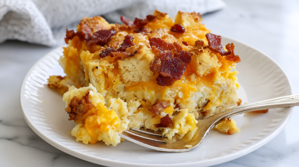 Close-up of a fork lifting a bite from a slice of bacon breakfast casserole with cheddar cheese and crispy bacon.