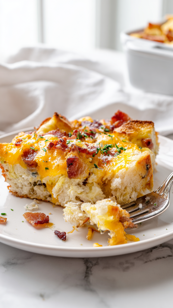 Fork lifting a bite of bacon breakfast casserole from a white plate, showing eggs, melted cheese, bacon, and bread.