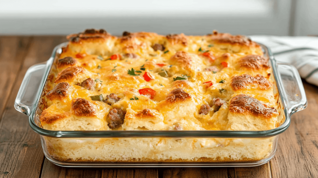 breakfast casserole with biscuits on a table