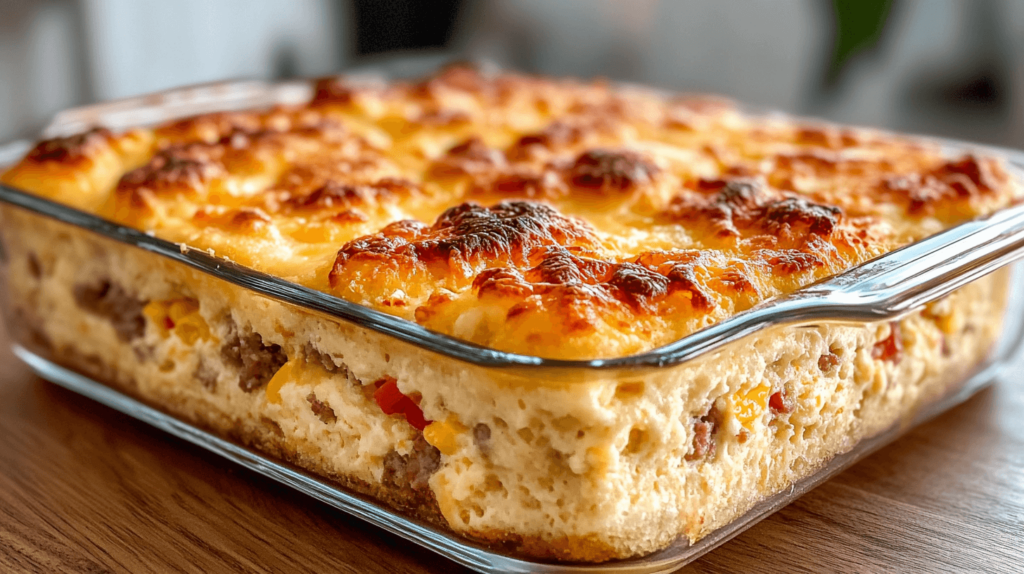 breakfast casserole with biscuits corner view