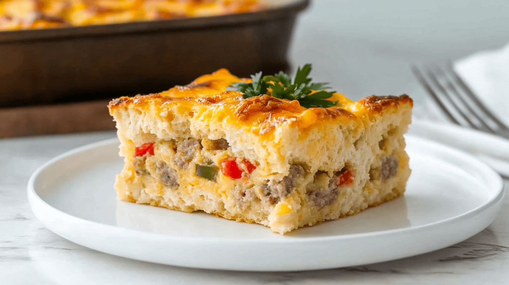 slice of breakfast casserole with biscuits