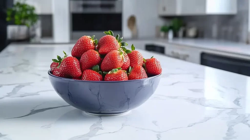 bowl of strawberries on a kitchen counter