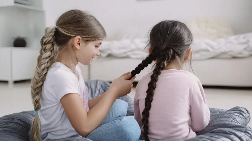 one girl braiding another girl's hair