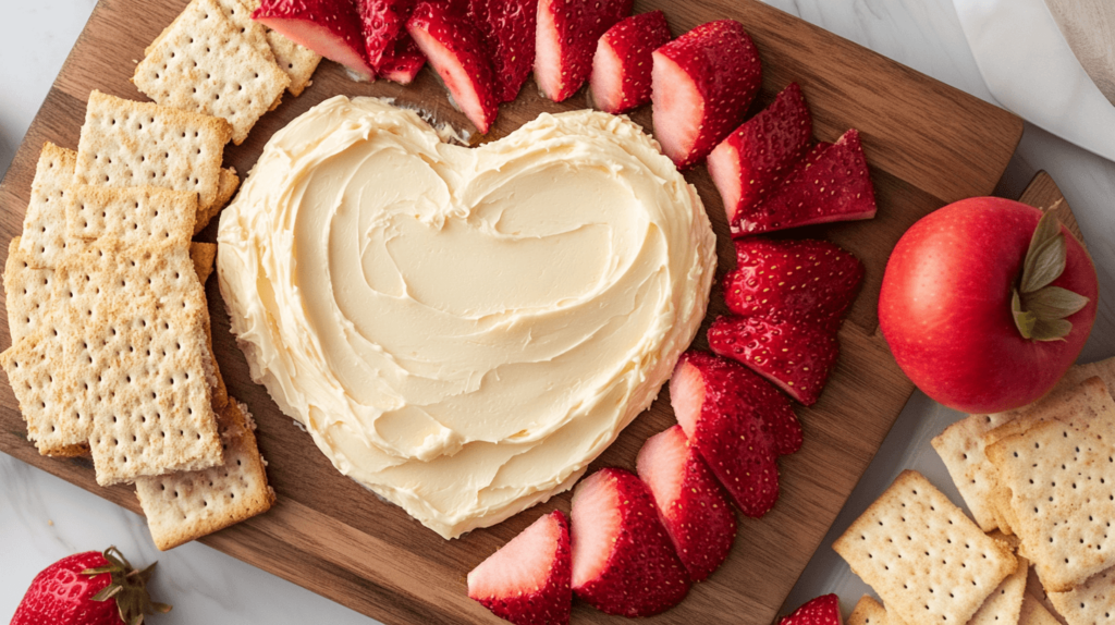 honey-butter in the shape of a heart with crackers and strawberries