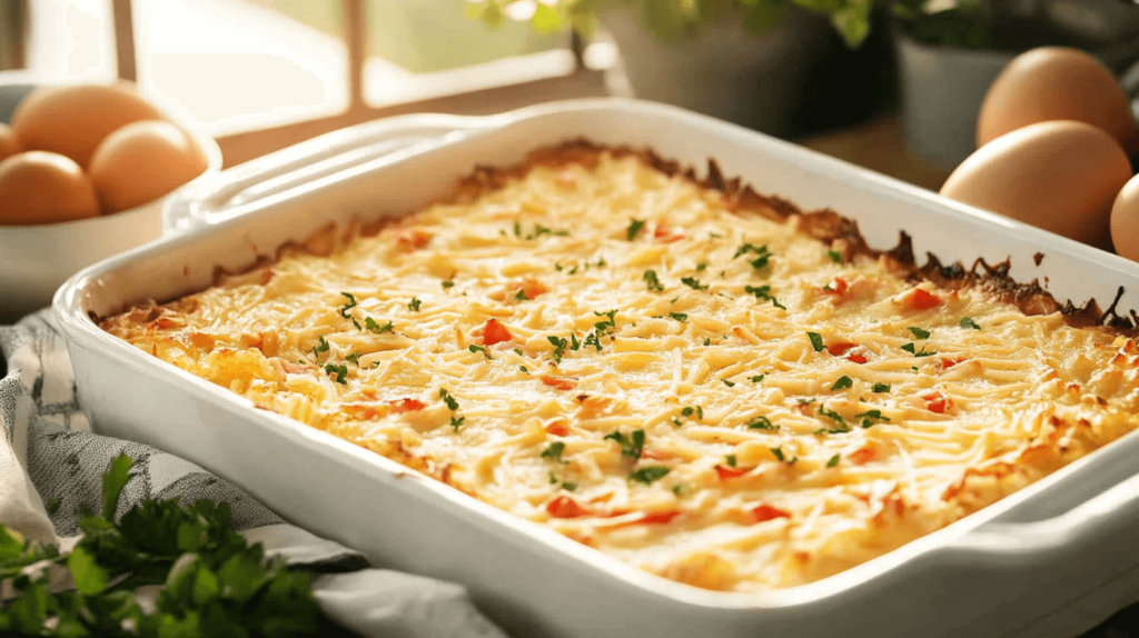 breakfast casserole with hashbrowns near a window