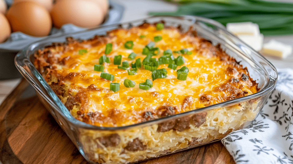 square baking dish with sausage breakfast casserole