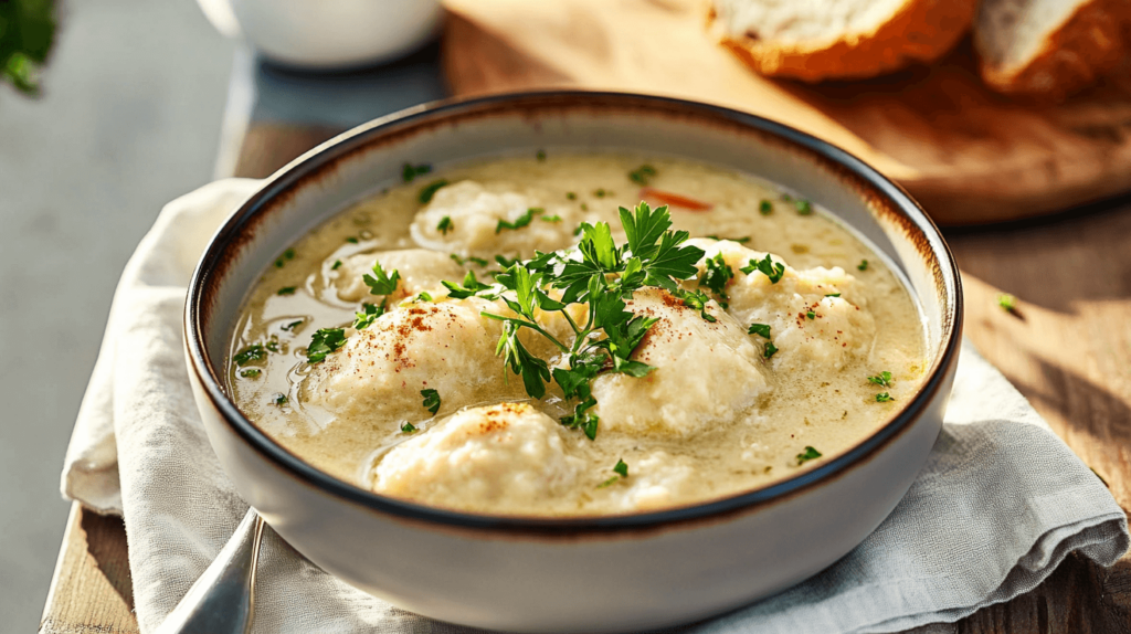 chicken and dumplings in a bowl