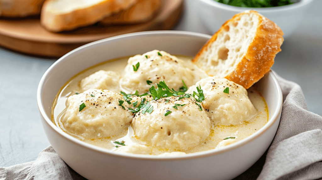 slice of bread in bowl with chicken and dumplings