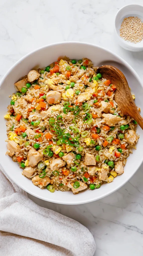 chicken fried rice in a white bowl