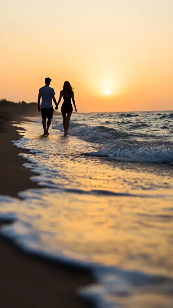 man and woman holding hands on the beach