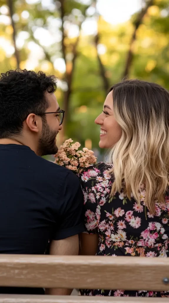 couple sitting on a park bench with a small bouquet of flowers between them; captions for couple pictures