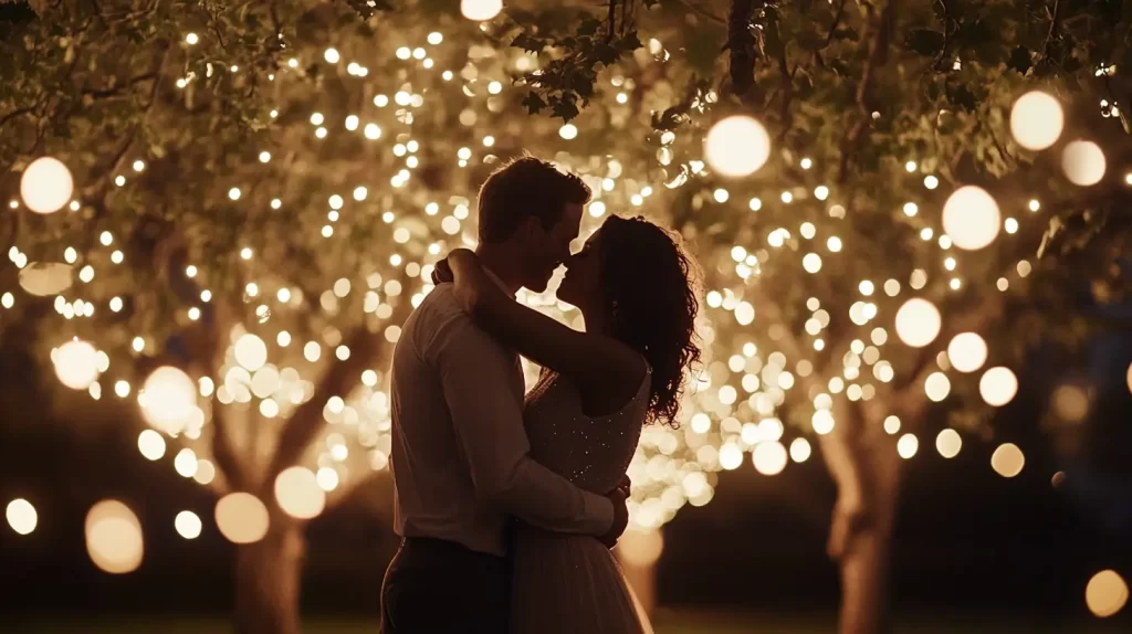 man and woman dancing under the lights at night