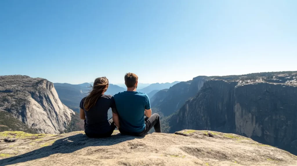 couple sitting on the edge of a cliff; captions for couple pictures