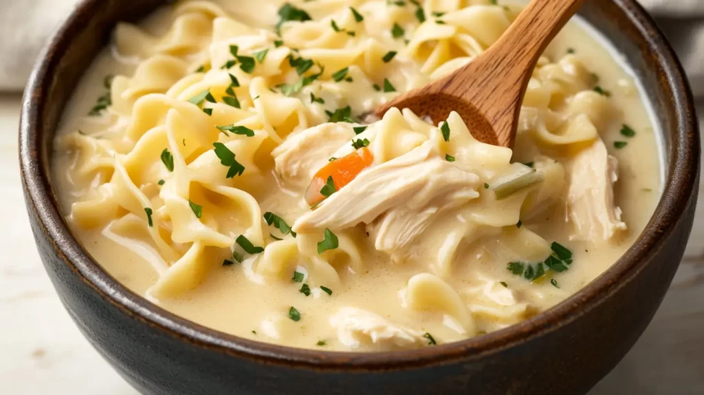 creamy chicken noodle soup in a bowl with wooden spoon