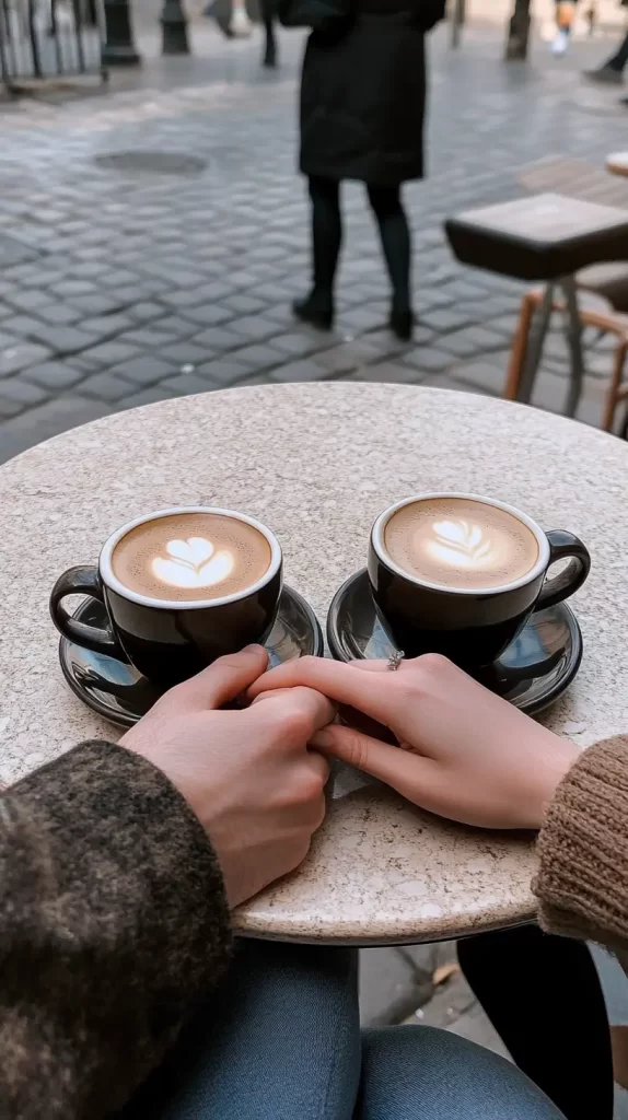 holding hands at a cafe table with two coffees, date night