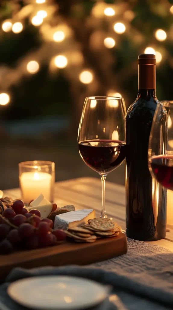 bottle of wine with wine glasses and candle