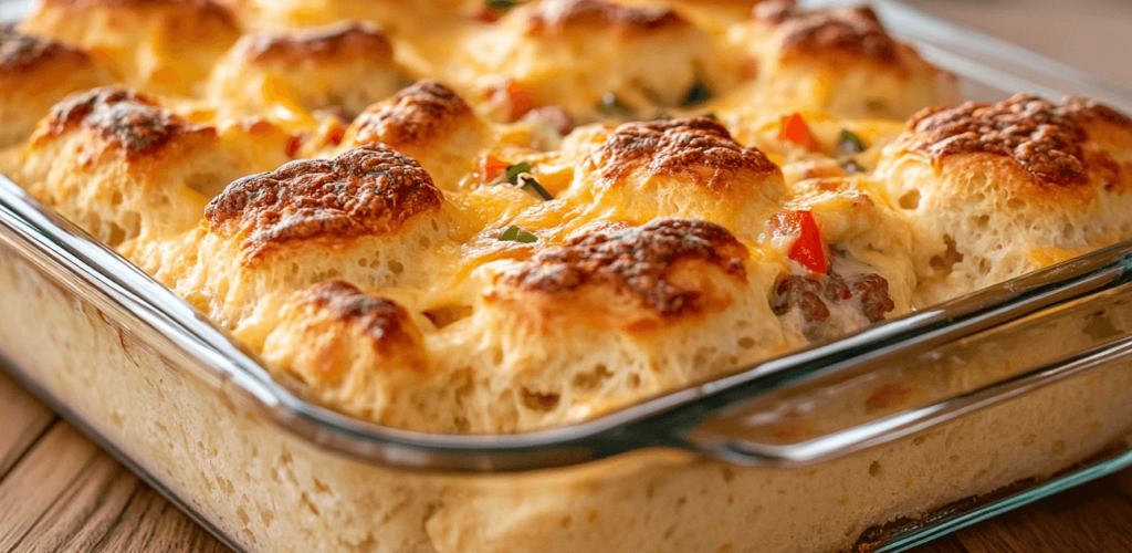 close up of breakfast casserole with biscuits