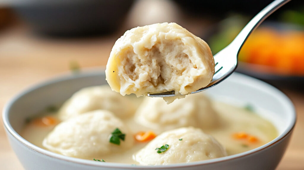 bite of chicken and dumplings on a fork