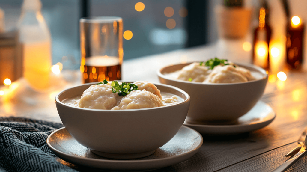 chicken and dumpling bowls near a glass of beer