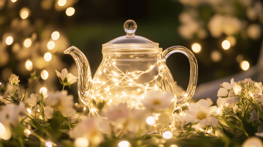 fairy lights in a clear teapot