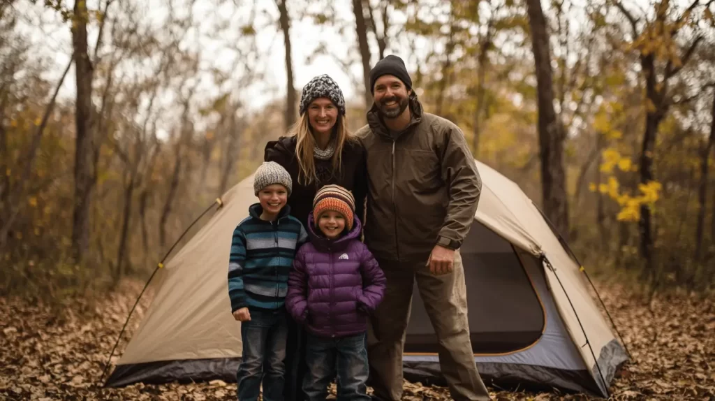 family of fouor standing infront of a tent