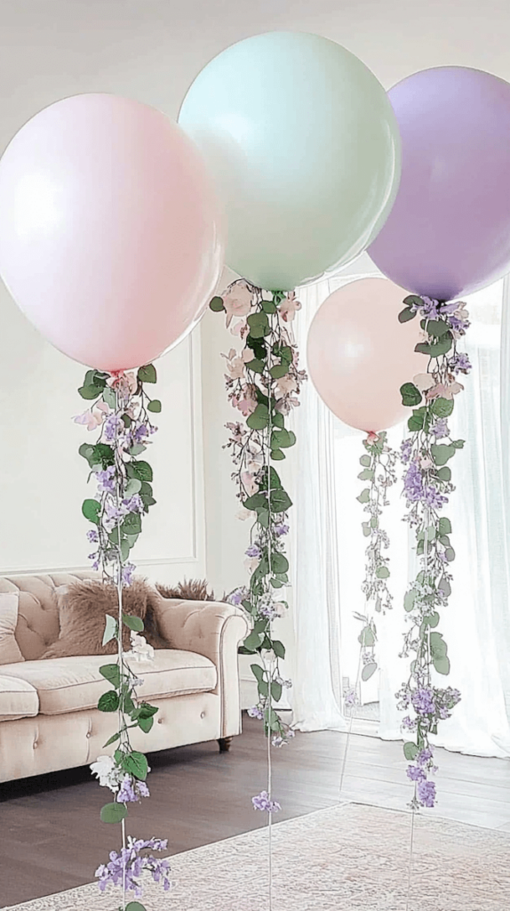 pastel balloons with floral strings attached to the balloons 