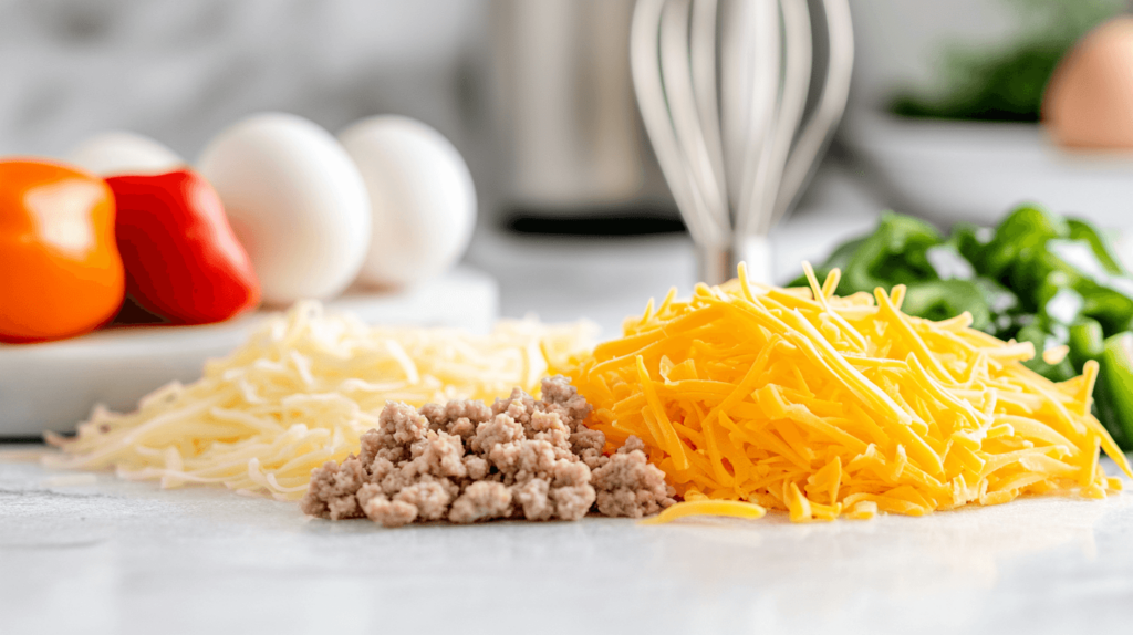 ingredients on the counter eggs, cheese, sausage