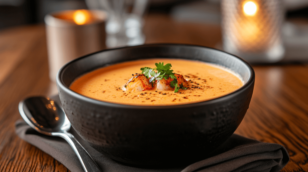 creamy bowl of lobster bisque with a spoon resting nearby