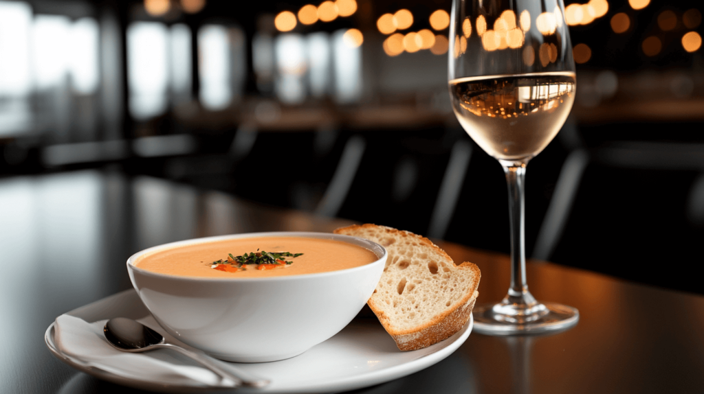 lobster bisque with a glass of white wine