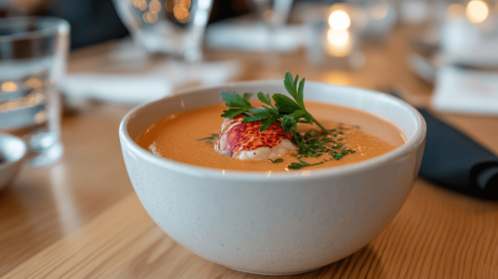 close up of lobster bisque with bits of lobster and parsley on the top