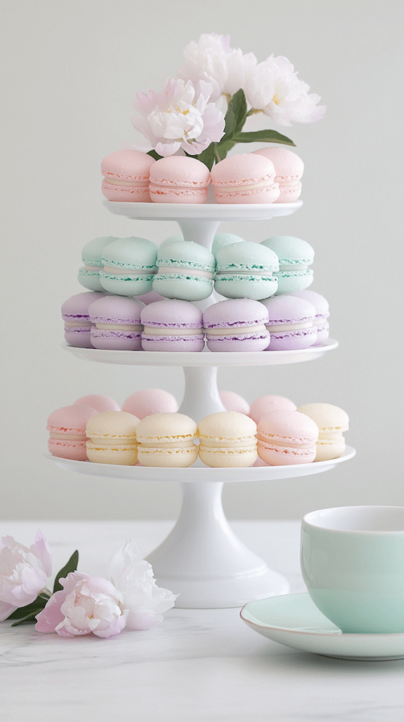 three-tiered tray of pastel macaroons