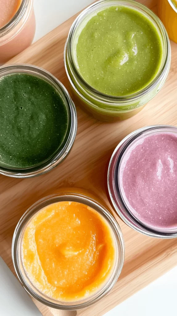 overhead view of open jars of baby food