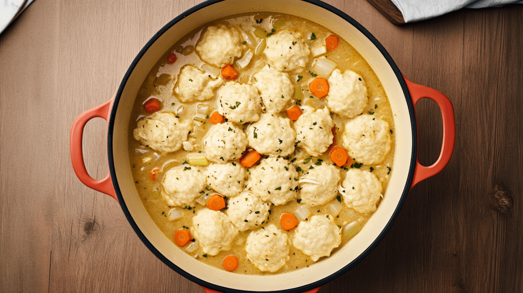 chicken and dumplings in a pot