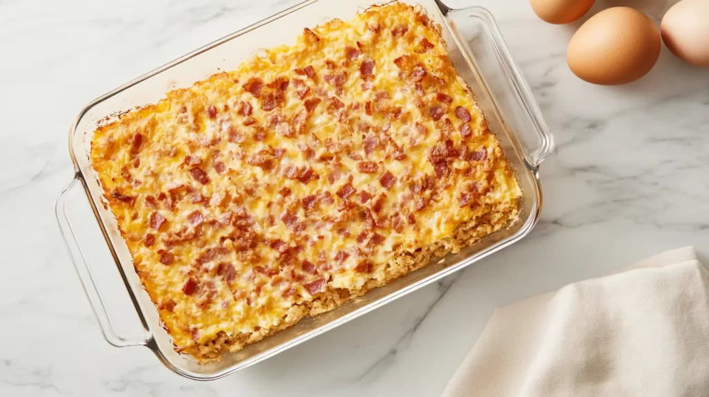 overhead view of a bacon breakfast casserole