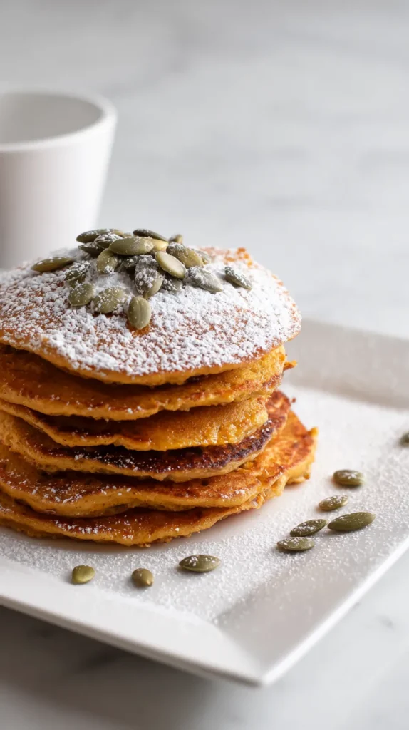 pumpkin pancakes with powdered sugar and pumpkin seeds