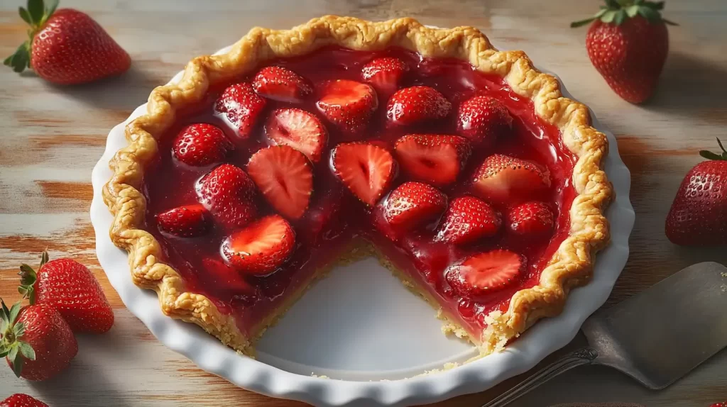 strawberry pie minus one slice in a white pie pan