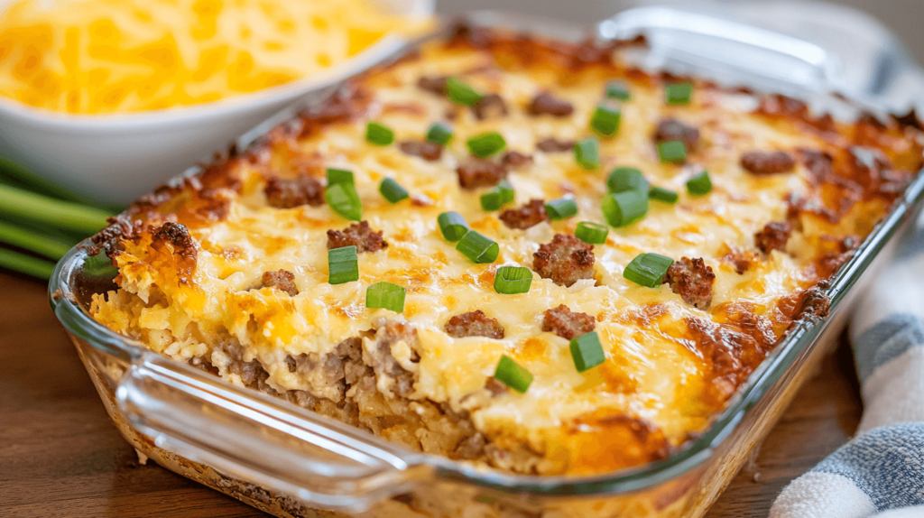 sausage breakfast casserole in glass dish