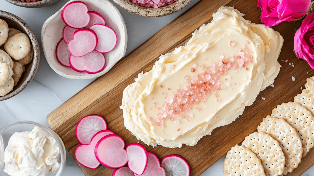 pink sea salt on top of whipped butter on a board