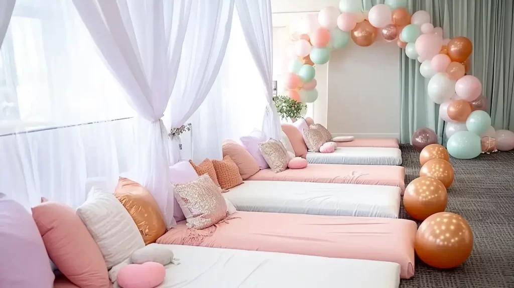 sleepover room with balloons and beds