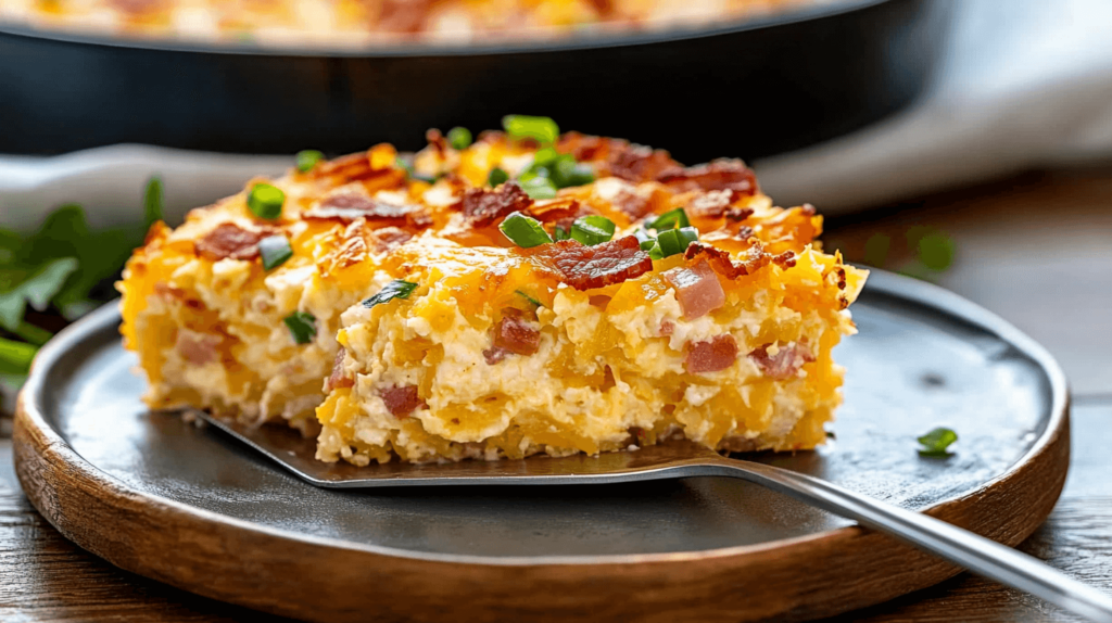 slice of breakfast casserole with hashbrowns