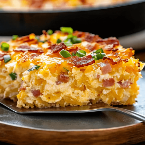 slice of breakfast casserole with hashbrowns