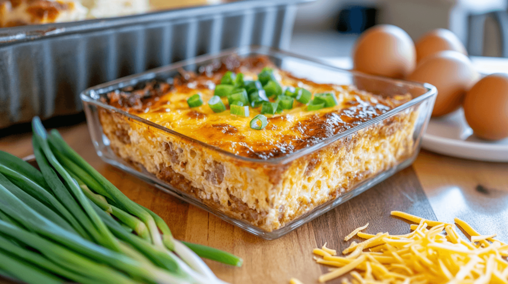 square glass dish of sausage breakfast casserole