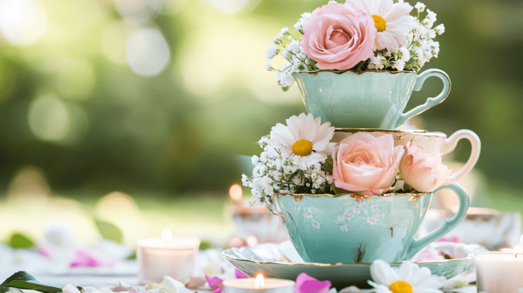 two stacked tea cups full of flowers tea party decorations centerpieces