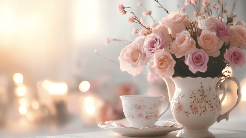 flowers in a tea pot, with a tea cup and saucer next to the floral arrangement