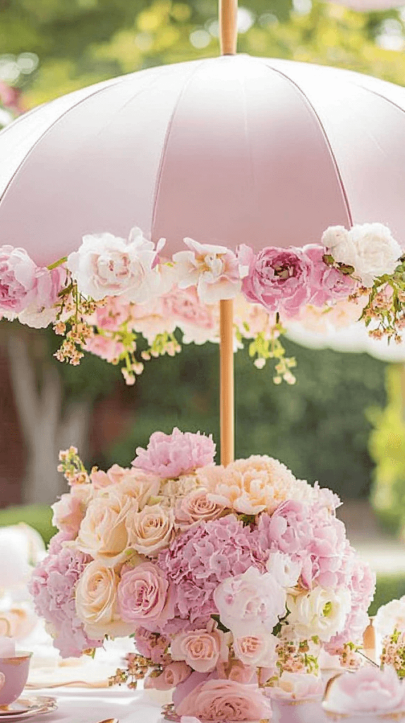 pastel pink floral umbrella over a floral centerpiece decorations for a tea party