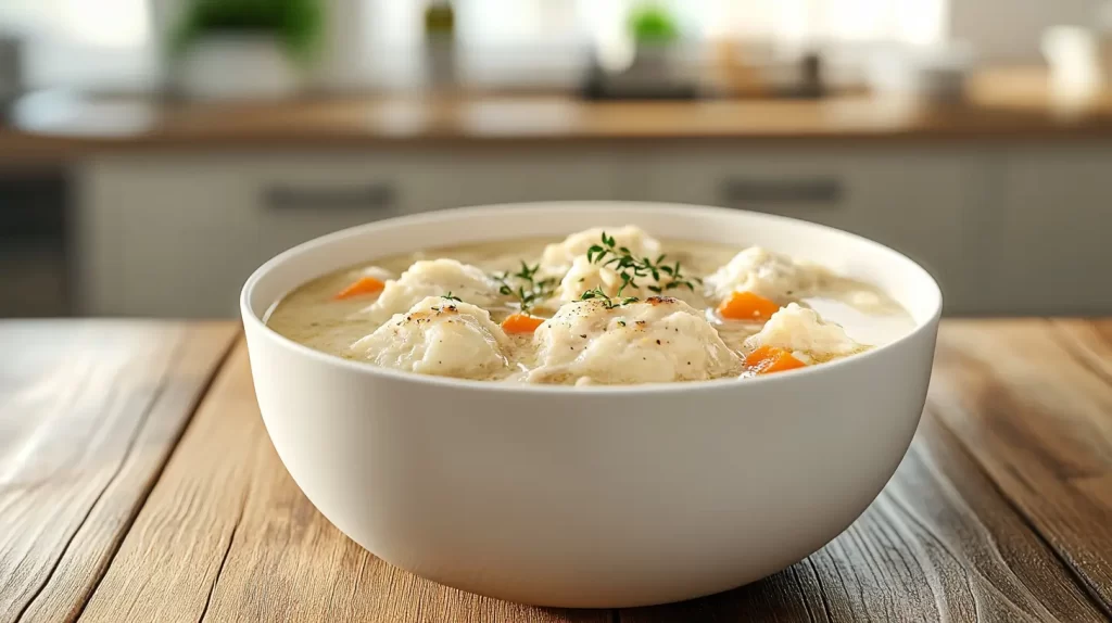 bowl of crockpot chicken and dumplings