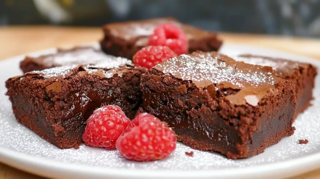 plate of brownies with a few raspberries