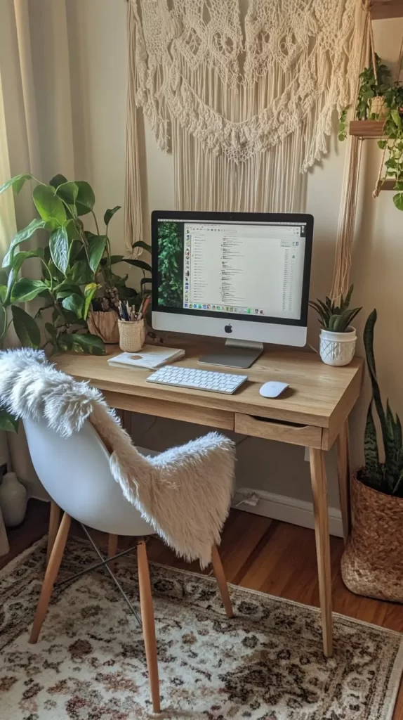 small space desk and chair with a boho look