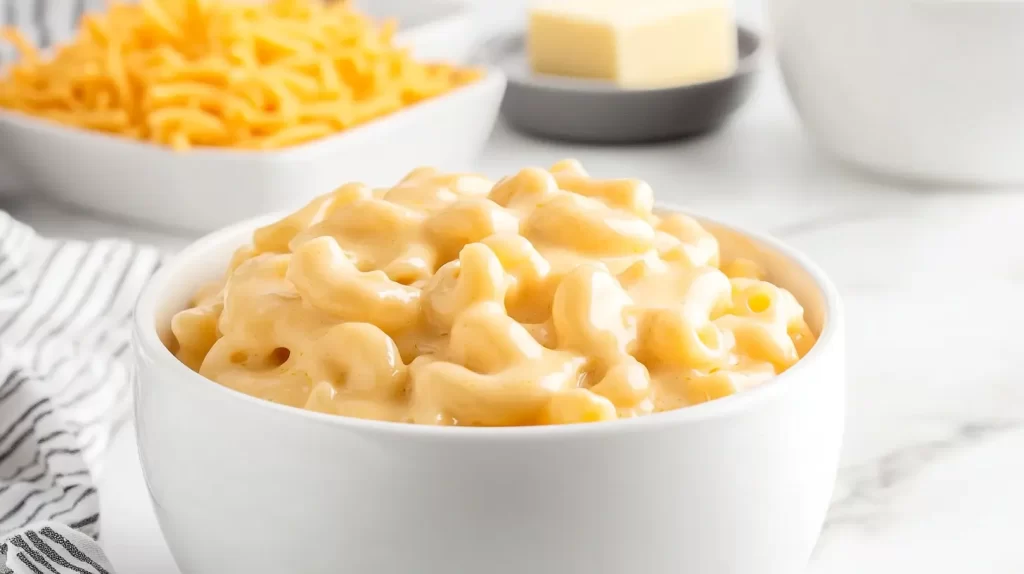 crockpot mac and cheese recipe, serving in a white bowl