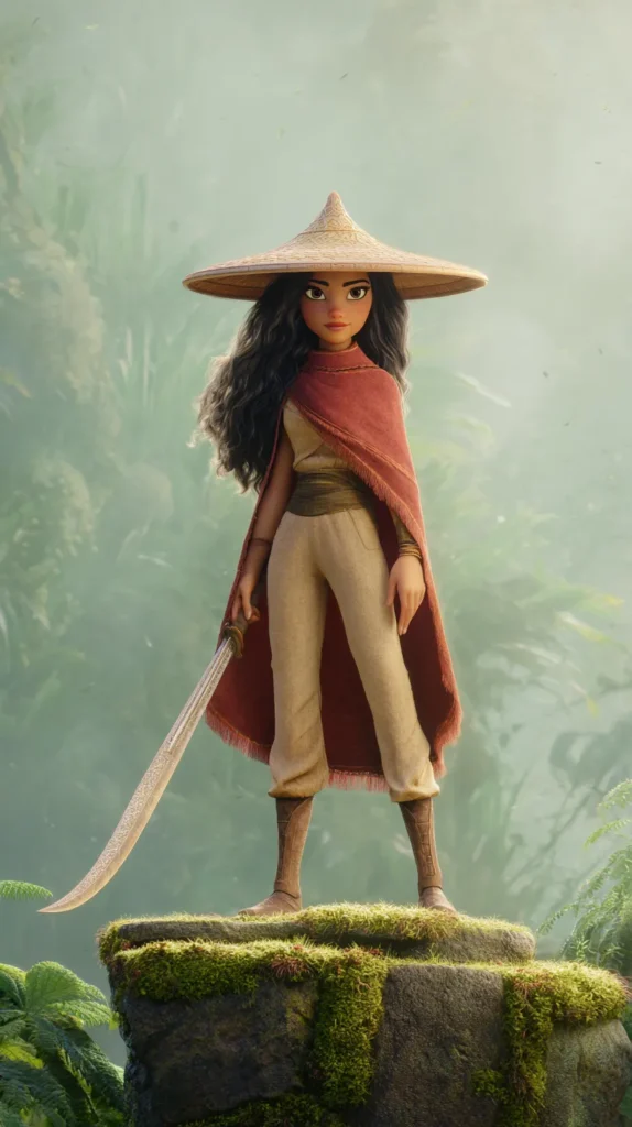 Raya from Raya and the Last Dragon, animated Disney movie style, full body, standing confidently on a mossy stone ruin in a misty jungle, tan skin, large expressive eyes, long dark hair, wearing her wide straw hat, red cape, and beige outfit with sash, holding her curved sword low at her side in a calm non-aggressive pose, soft green fog in the background, gentle dappled sunlight
